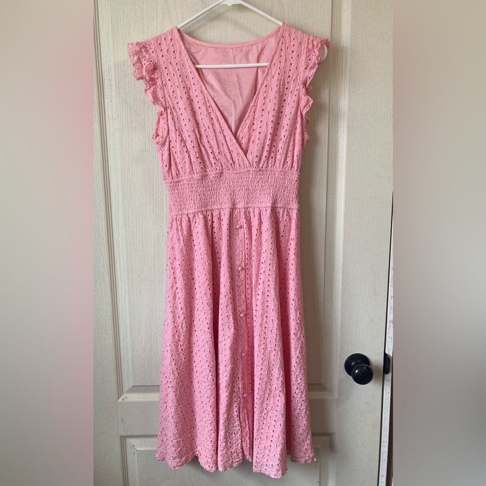 Pink Sleeveless Feminine eyelet lace V-Neck Sundress